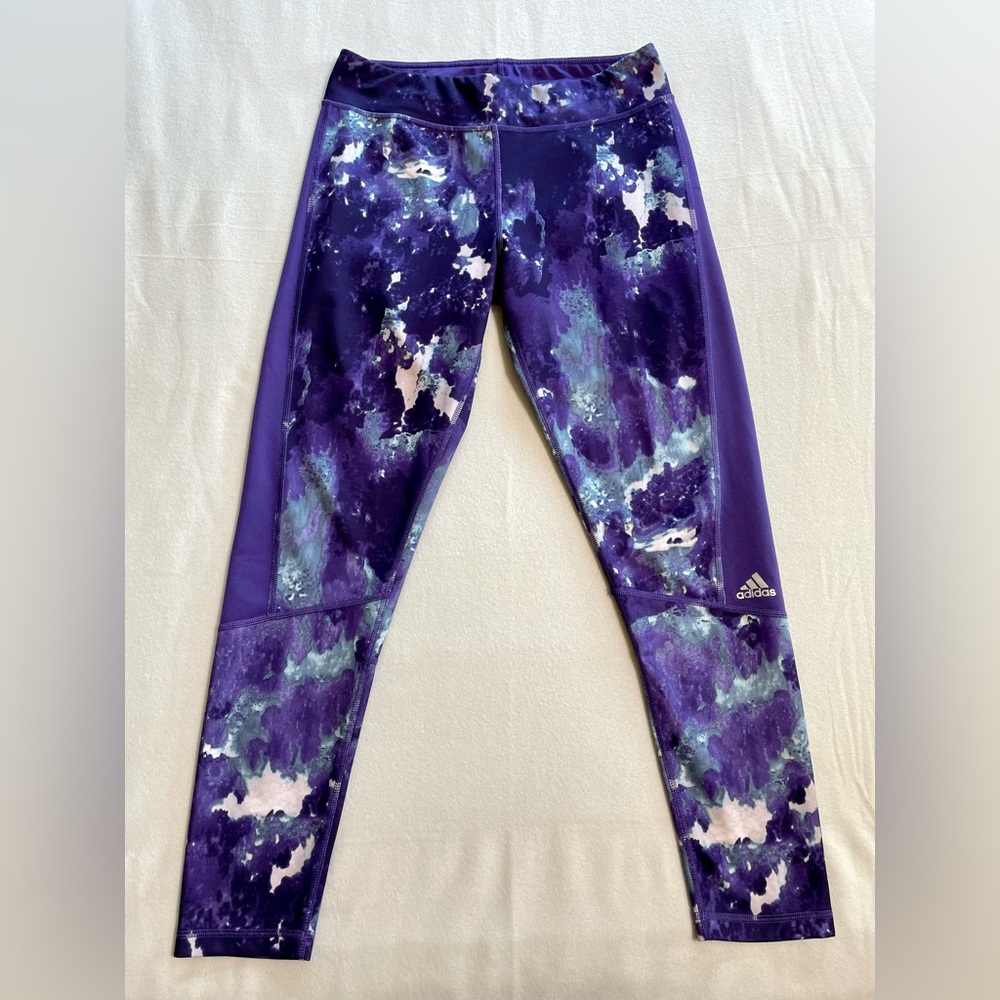 Adidas Women’s Athletic Leggings Climalite Purple Marble Activewear Size M EUC